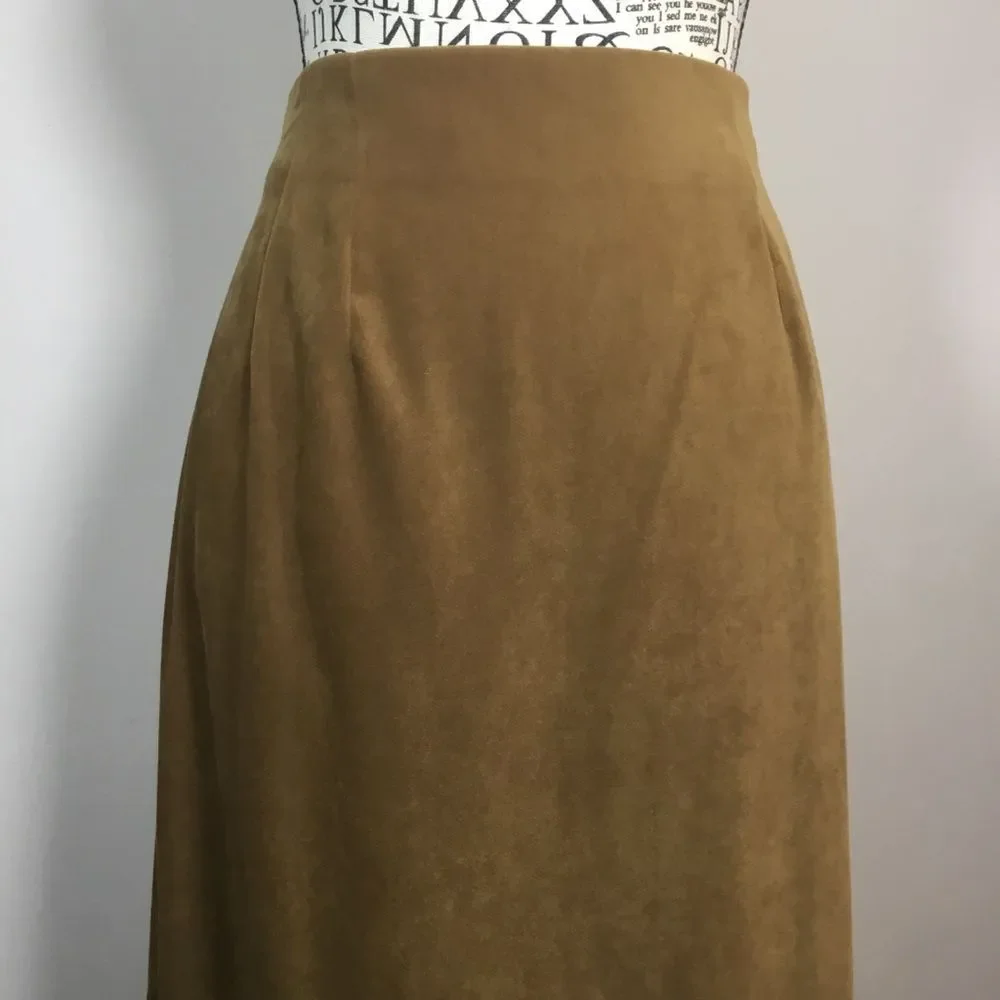 Tan faux suede western country pencil skirt slit in back waist 30” size 8